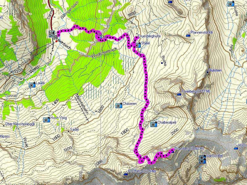 Die Route. Start in Weglosen, Talstation von Hoch Ybrig Bahn. Distanz: