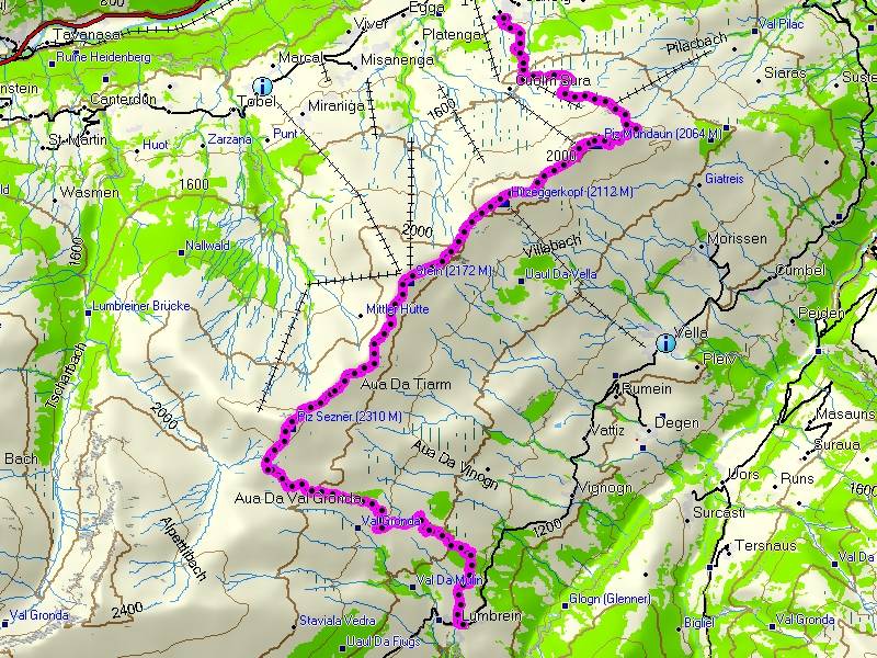 Die Route auf der Karte. Start in Lumbrein um 9:07; Abschluss