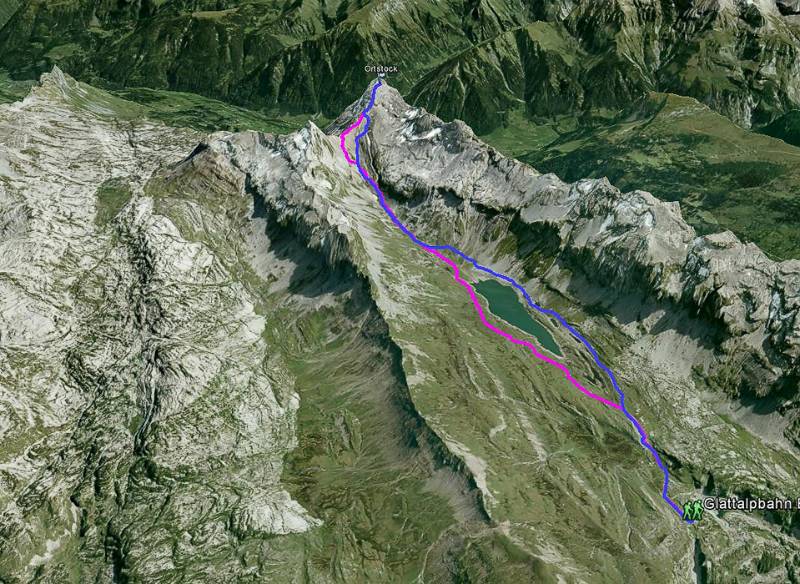 Die Route auf Google Earth (rot - Aufstieg; blau - Abstieg).